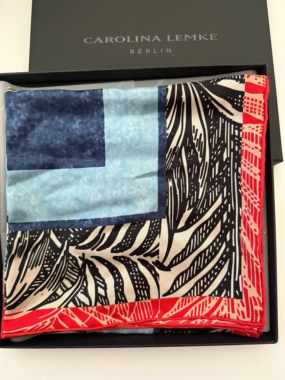 NEW Carolina Lemke Equestrian Azure Vines & Mane Silk Scarf Geometric Abstract